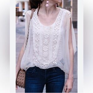 Gibson Silk Ethereal Lace Sheer Boho Blouse Ivory Top